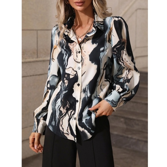 Marble Print Button Down Collared Long Sleeve Shirt Top Gray Beige - Picture 4 of 10